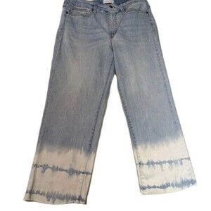 Crown & Ivy High Rise Straight Crop Jeans Dip Dye Tie Dye Raw Hem Light Wash 10R